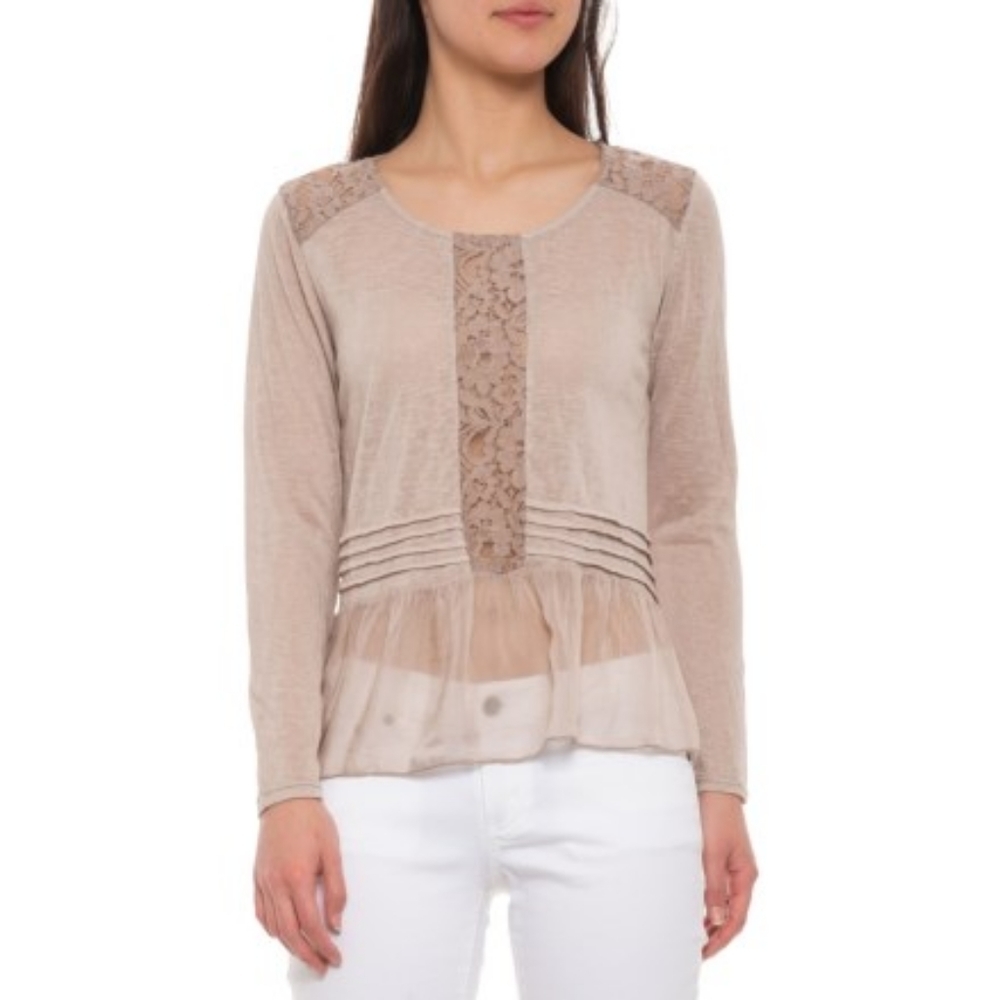 Elena Baldi Lace & Silk Ruffle Trim Slub Knit Blouse M NWT